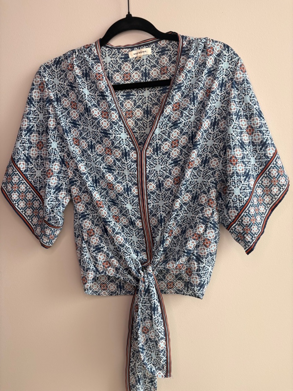 Max Studio Boho Tie Front Blouse Blue Tile Print